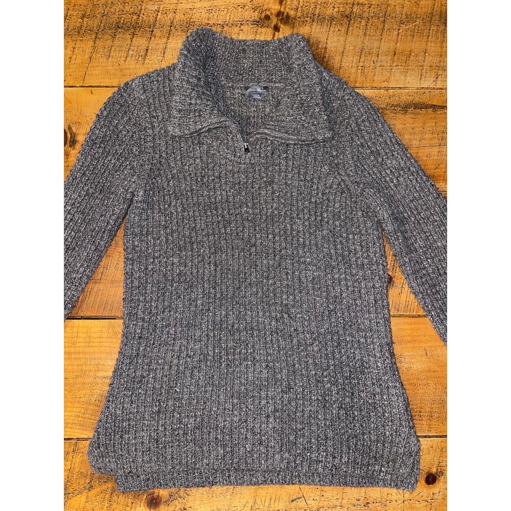 Womens Eddie Bauer Dark Gray Chunky Knit Lambs Wool Camel Hair Cozy Sweater‎ S